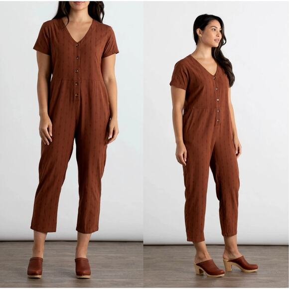 Bridge & Burn S Milo Jumpsuit Organic Cotton Coveralls Dobby Stripe Rust Brown - Picture 3 of 10
